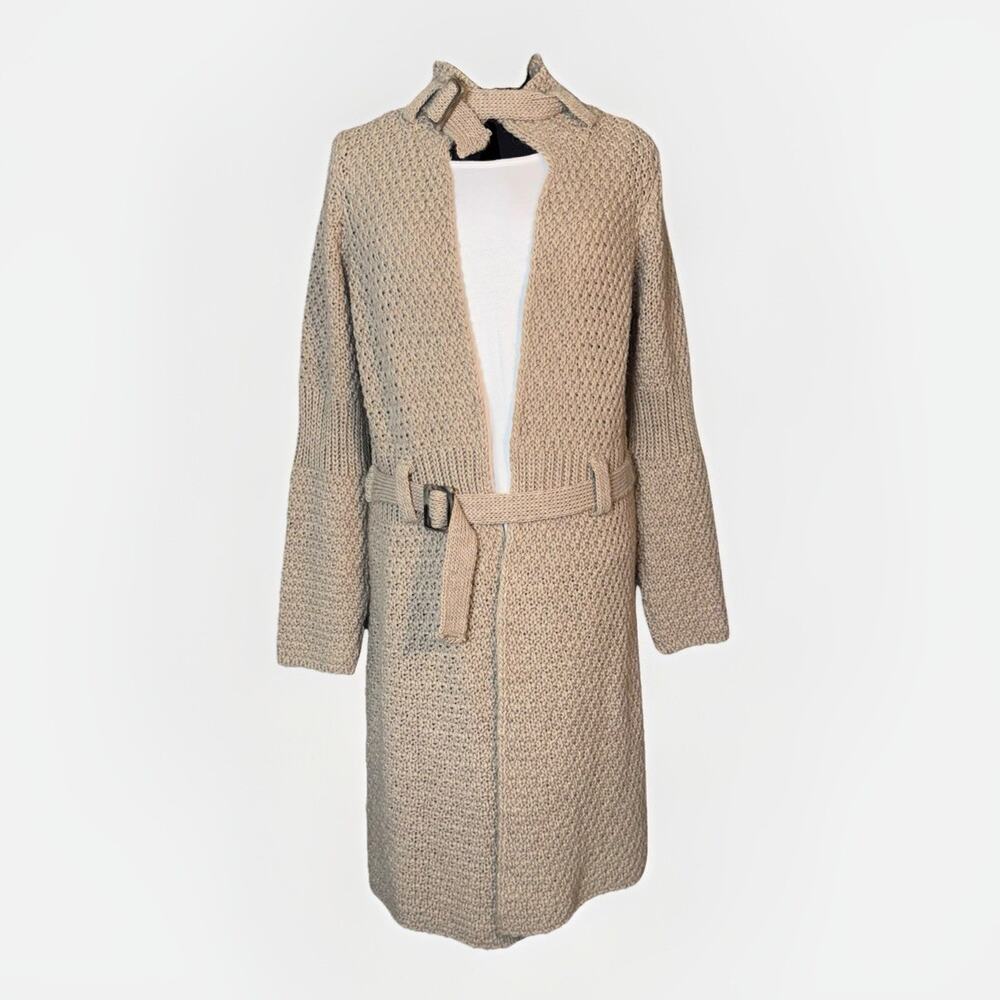 Cocogio Large Italian Wool Ecru Cardigan Long Duster Chunky Sweater Belt Jacket